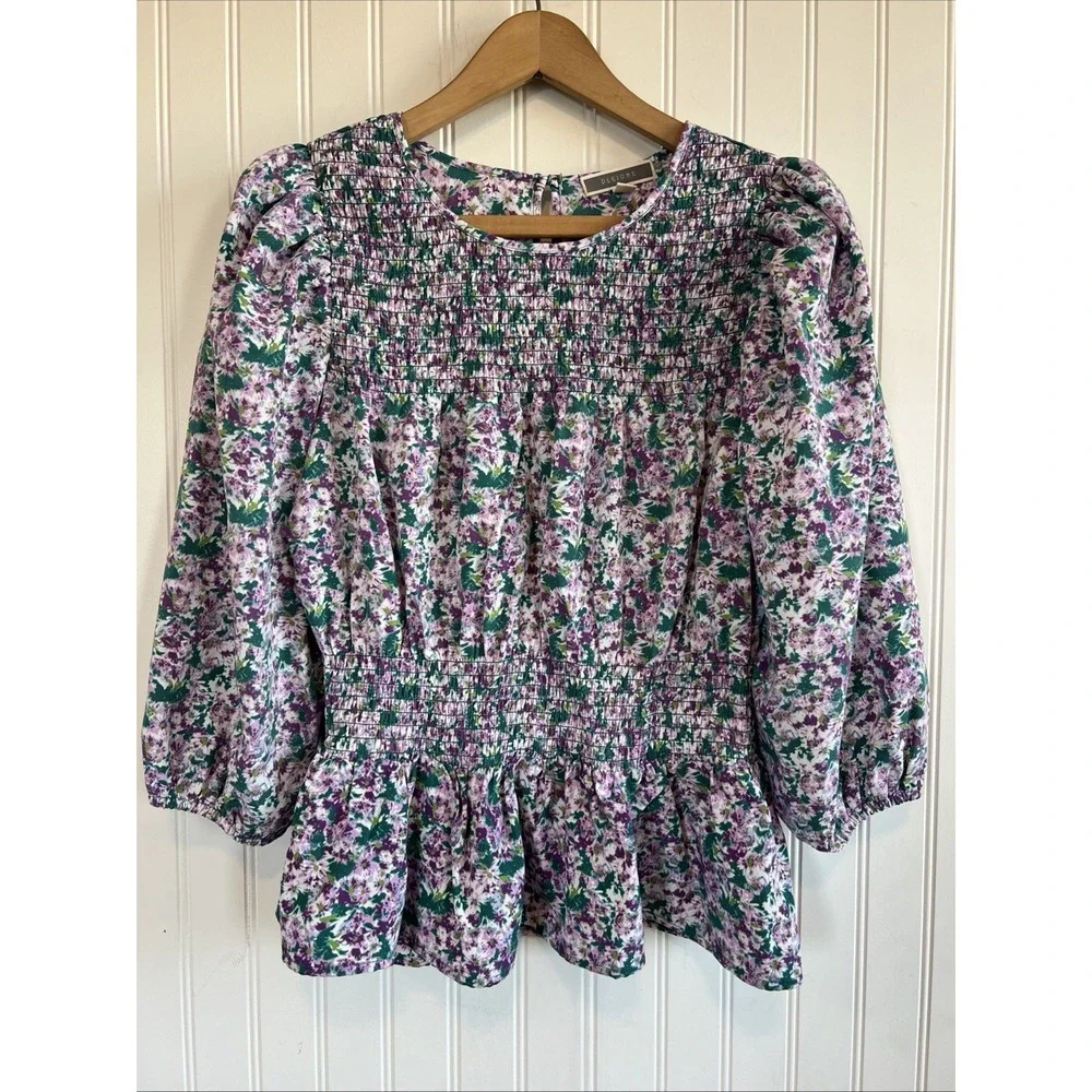 Pleione Blouse XS Peplum Puff 3/4 Sleeve Smocked Floral‎ Purple Green